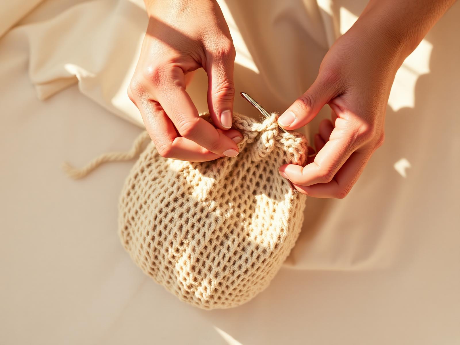 Hands crocheting a handmade cotton bag — the process behind MadebyKaira